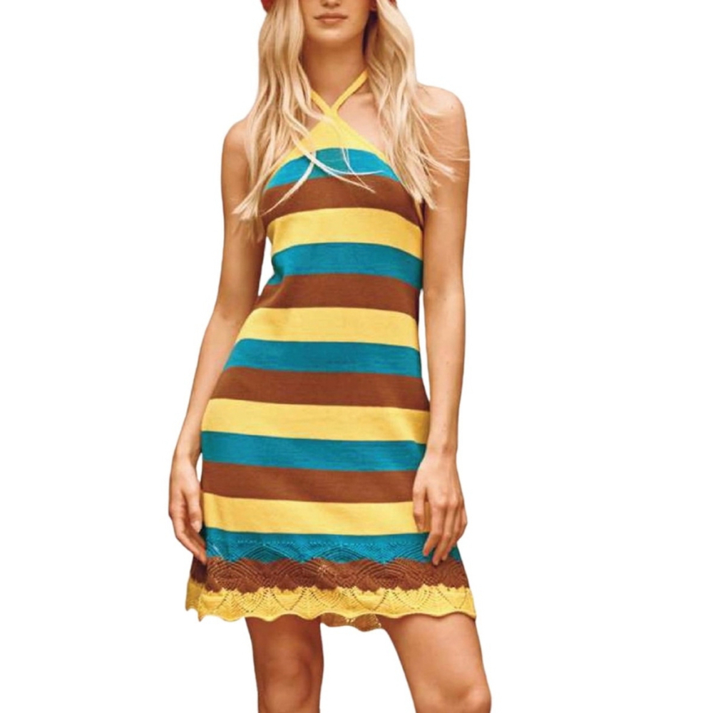 Women's Mariuccia Yellow Blue and Brown Striped Dress Size XS/S